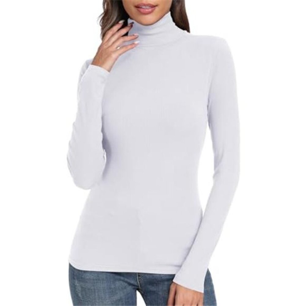 Women's Ribbed Turtleneck Fitted Long Sleeve Shirts Basic Thermal Layering Tops - Picture 2 of 7